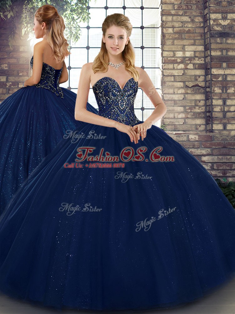 Sumptuous Navy Blue Sleeveless Tulle Lace Up 15th Birthday Dress for Military Ball and Sweet 16 and Quinceanera