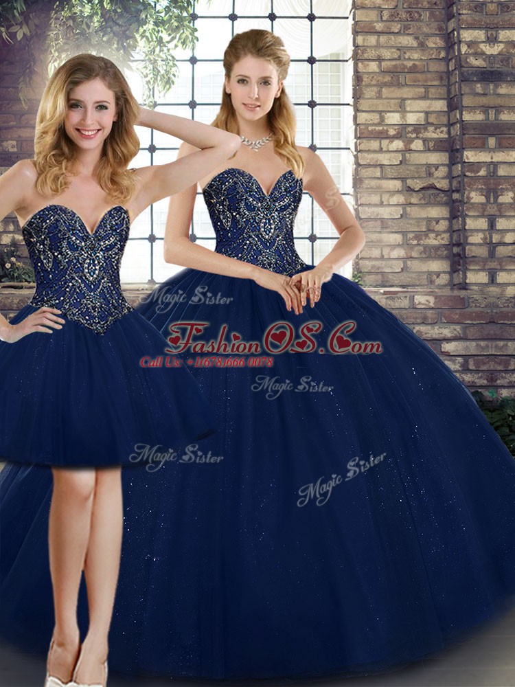 Sumptuous Navy Blue Sleeveless Tulle Lace Up 15th Birthday Dress for Military Ball and Sweet 16 and Quinceanera