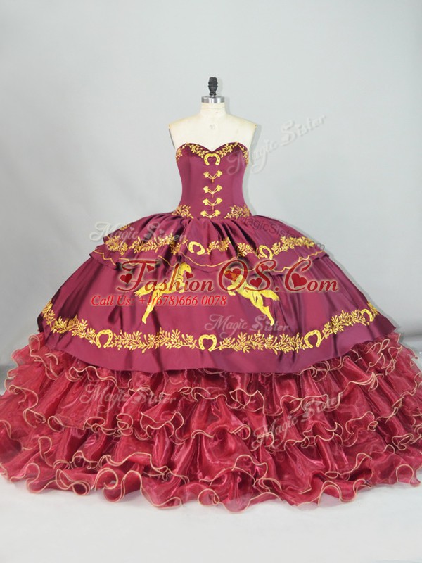 Burgundy Sweet 16 Dress Sweetheart Sleeveless Brush Train Lace Up