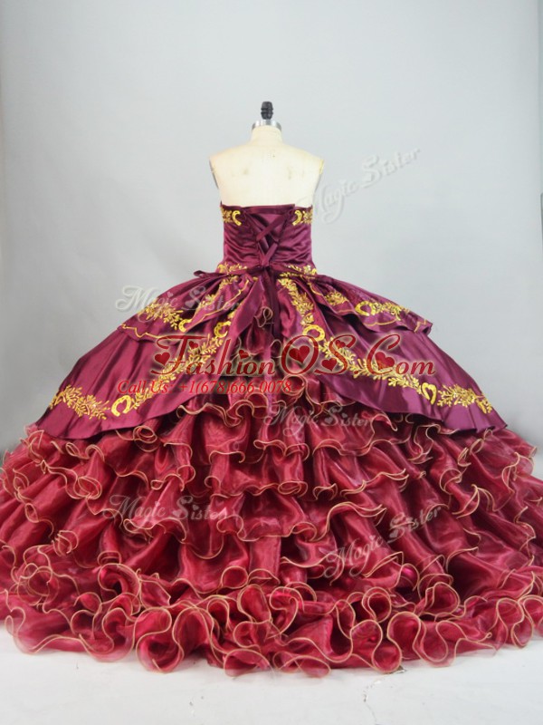 Burgundy Sweet 16 Dress Sweetheart Sleeveless Brush Train Lace Up