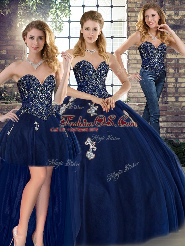 Floor Length Navy Blue Quinceanera Gown Sweetheart Sleeveless Lace Up