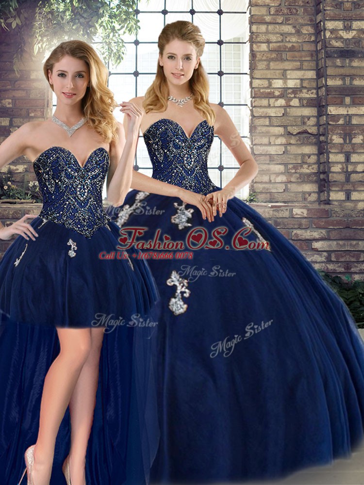 Floor Length Navy Blue Quinceanera Gown Sweetheart Sleeveless Lace Up