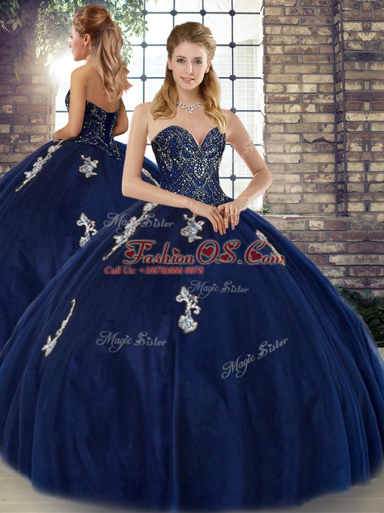 Floor Length Navy Blue Quinceanera Gown Sweetheart Sleeveless Lace Up