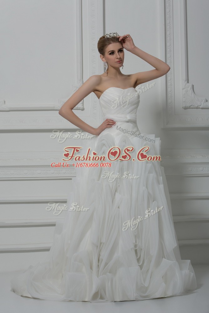White Sleeveless Brush Train Belt Wedding Dresses