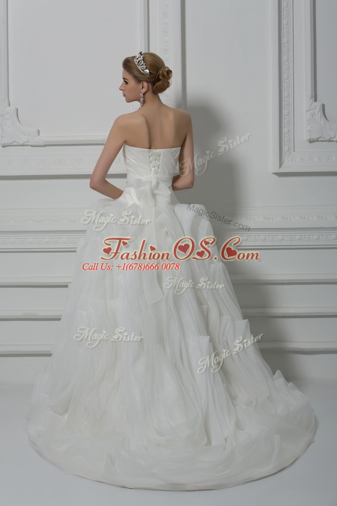 White Sleeveless Brush Train Belt Wedding Dresses