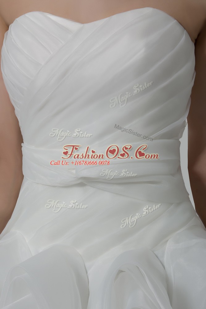 White Sleeveless Brush Train Belt Wedding Dresses