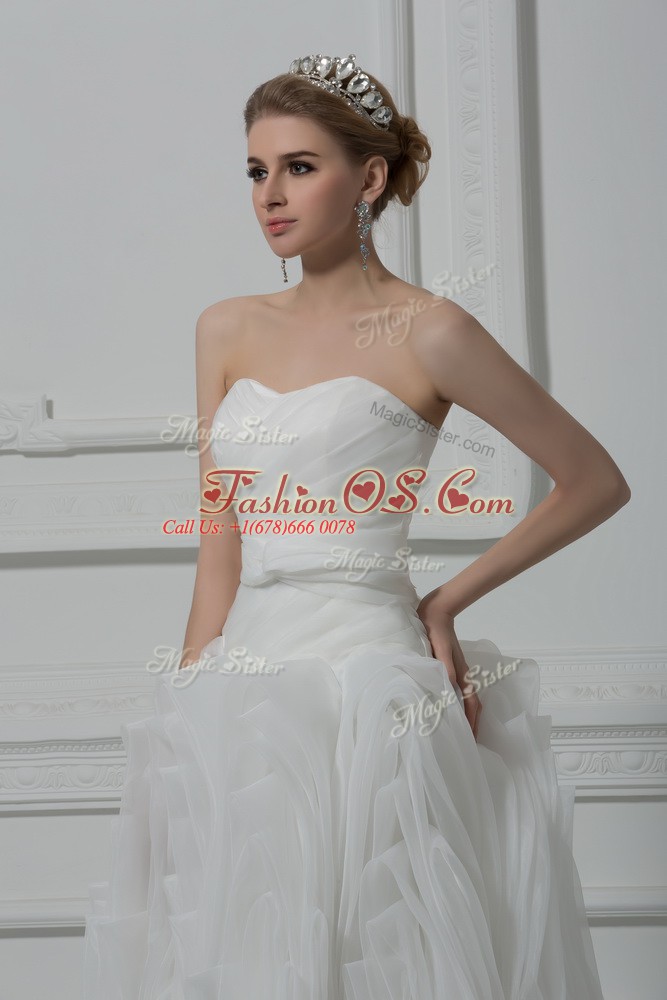 White Sleeveless Brush Train Belt Wedding Dresses