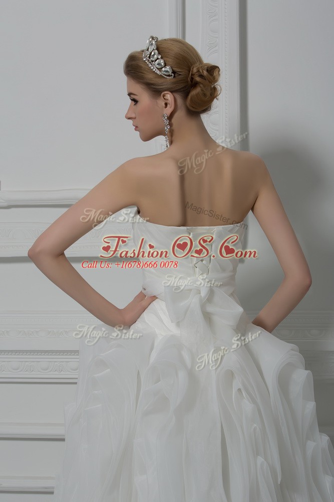 White Sleeveless Brush Train Belt Wedding Dresses