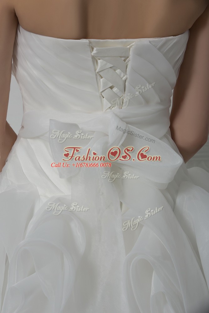 White Sleeveless Brush Train Belt Wedding Dresses