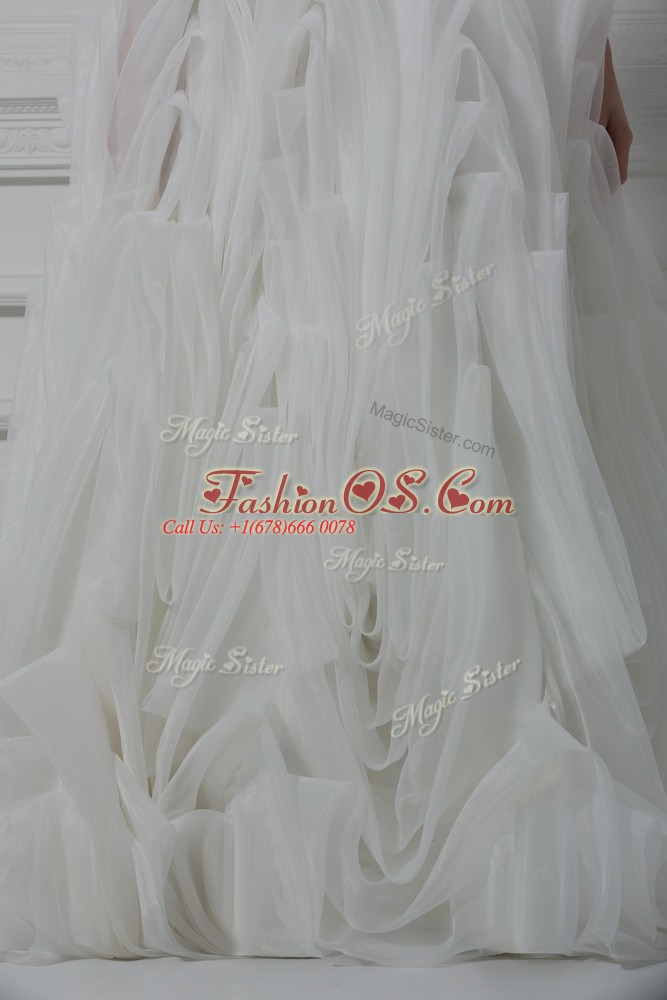 White Sleeveless Brush Train Belt Wedding Dresses