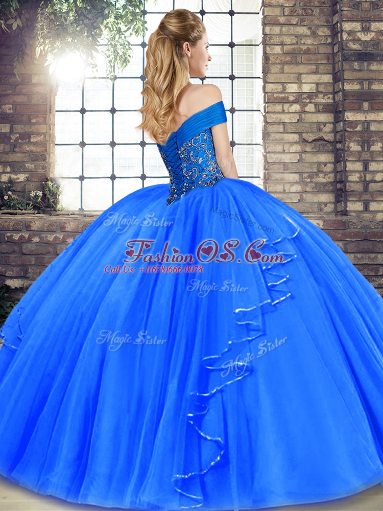 Exquisite Royal Blue Sweet 16 Quinceanera Dress Military Ball and Sweet 16 and Quinceanera with Beading and Ruffles Off The Shoulder Sleeveless Lace Up