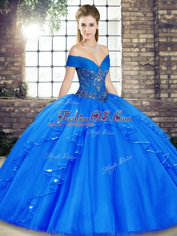 Exquisite Royal Blue Sweet 16 Quinceanera Dress Military Ball and Sweet 16 and Quinceanera with Beading and Ruffles Off The Shoulder Sleeveless Lace Up