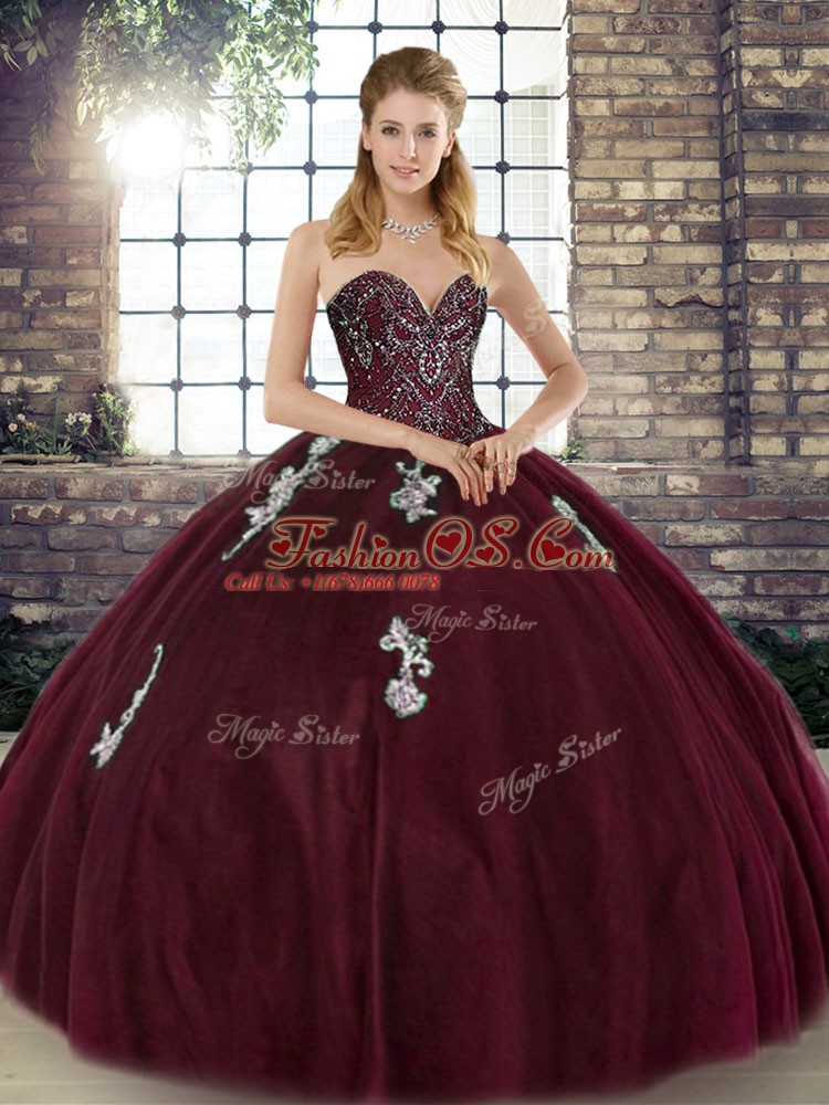 Cute Burgundy Sleeveless Beading and Appliques Floor Length Sweet 16 Quinceanera Dress