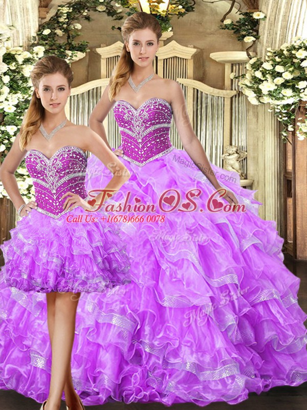Lilac Quinceanera Dresses Sweet 16 and Quinceanera with Beading and Ruffles Sweetheart Sleeveless Lace Up