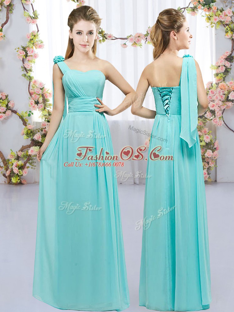 Adorable Empire Dama Dress for Quinceanera Aqua Blue One Shoulder Chiffon Sleeveless Floor Length Lace Up