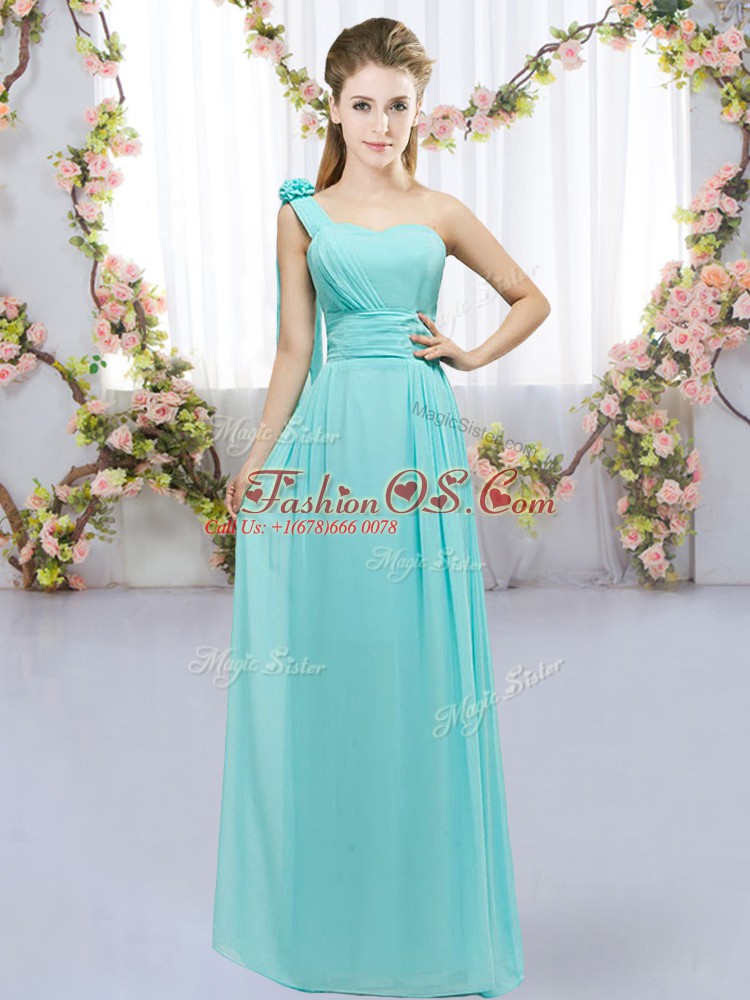 Adorable Empire Dama Dress for Quinceanera Aqua Blue One Shoulder Chiffon Sleeveless Floor Length Lace Up