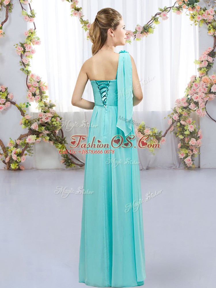 Adorable Empire Dama Dress for Quinceanera Aqua Blue One Shoulder Chiffon Sleeveless Floor Length Lace Up