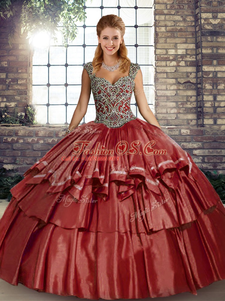 Floor Length Lace Up Quinceanera Gown Rust Red for Military Ball and