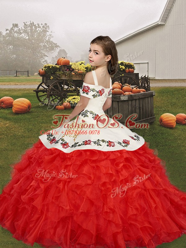 Red Ball Gowns Embroidery and Ruffles Kids Formal Wear Lace Up Organza Sleeveless Floor Length