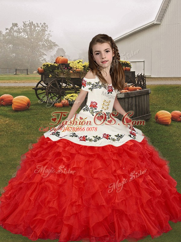 Red Ball Gowns Embroidery and Ruffles Kids Formal Wear Lace Up Organza Sleeveless Floor Length