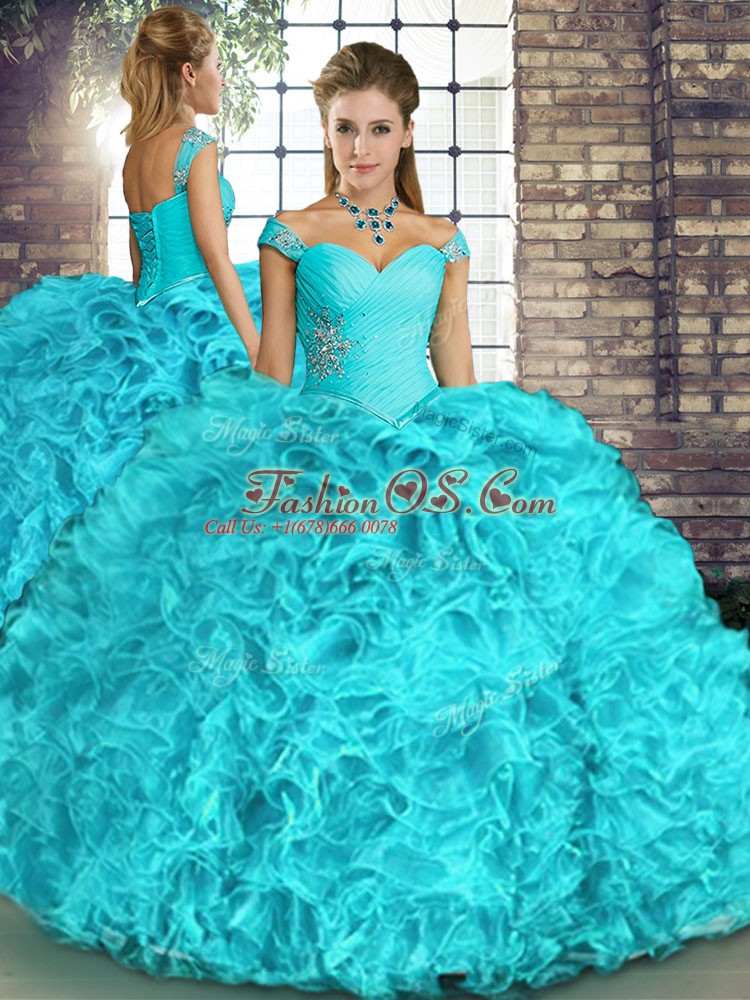 Fitting Aqua Blue Two Pieces Off The Shoulder Sleeveless Organza Floor Length Lace Up Beading and Ruffles 15 Quinceanera Dress