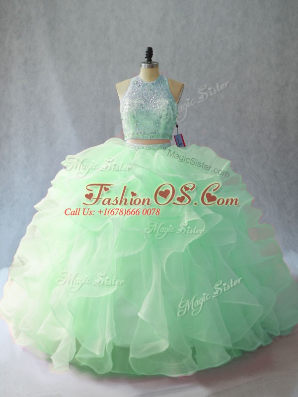 Halter Top Sleeveless Organza Sweet 16 Dresses Beading and Ruffles Brush Train Backless
