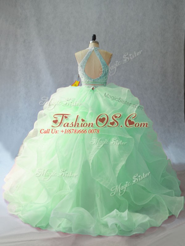 Halter Top Sleeveless Organza Sweet 16 Dresses Beading and Ruffles Brush Train Backless