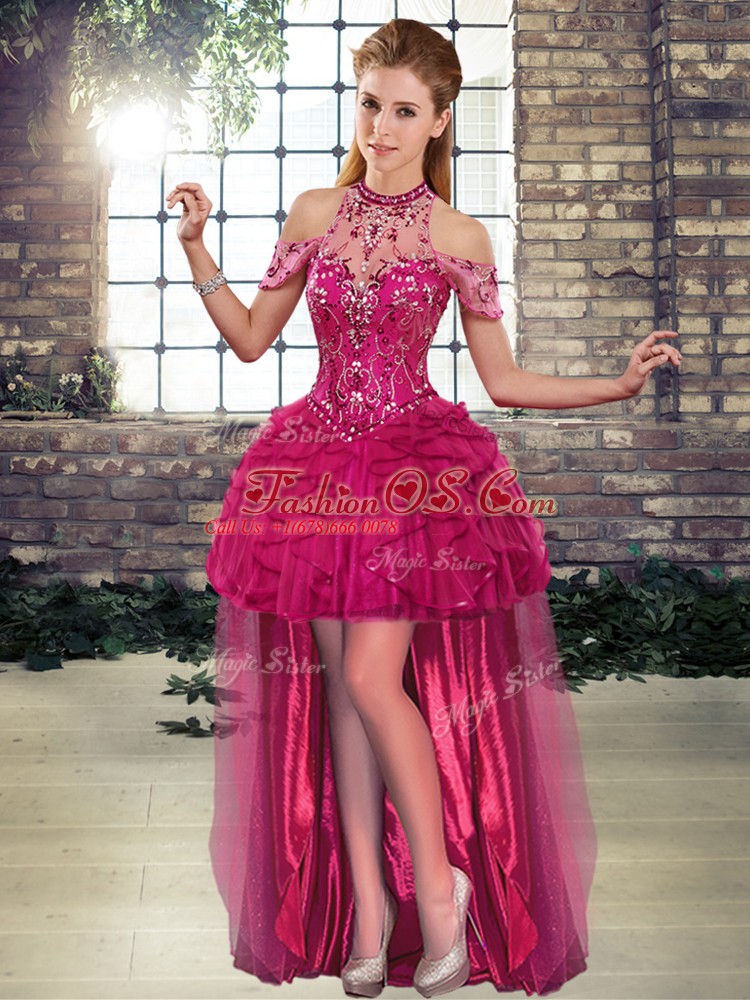 Hot Sale Fuchsia Quinceanera Gowns Military Ball and Sweet 16 and Quinceanera with Beading and Ruffles Halter Top Sleeveless Lace Up