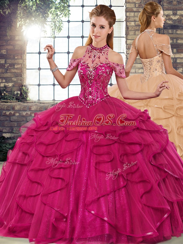 Hot Sale Fuchsia Quinceanera Gowns Military Ball and Sweet 16 and Quinceanera with Beading and Ruffles Halter Top Sleeveless Lace Up