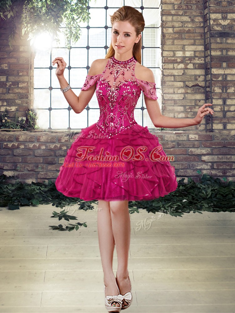 Hot Sale Fuchsia Quinceanera Gowns Military Ball and Sweet 16 and Quinceanera with Beading and Ruffles Halter Top Sleeveless Lace Up
