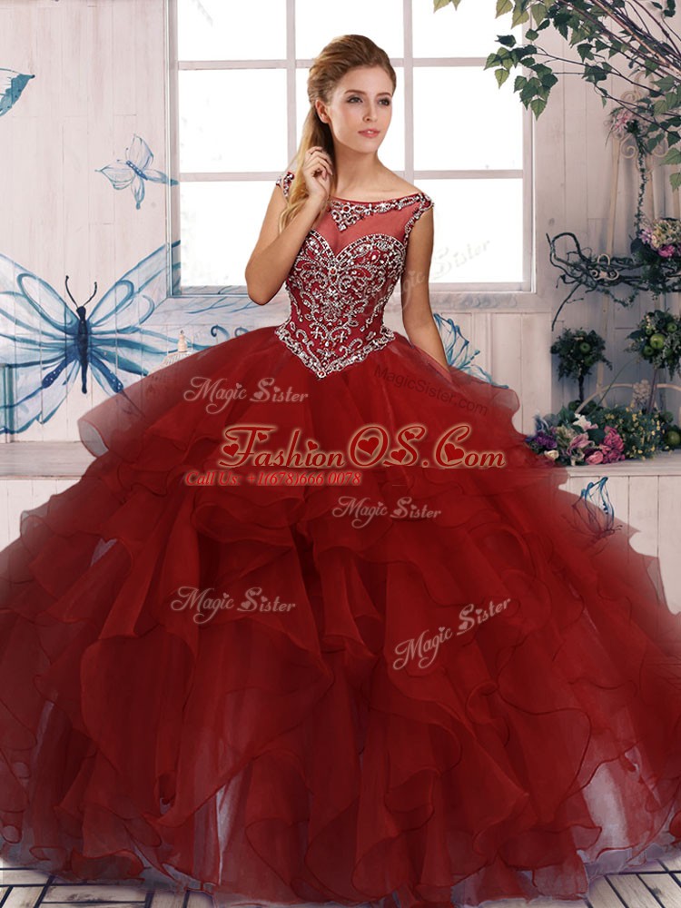 Fantastic Burgundy Sleeveless Organza Zipper Vestidos de Quinceanera for Military Ball and Sweet 16 and Quinceanera