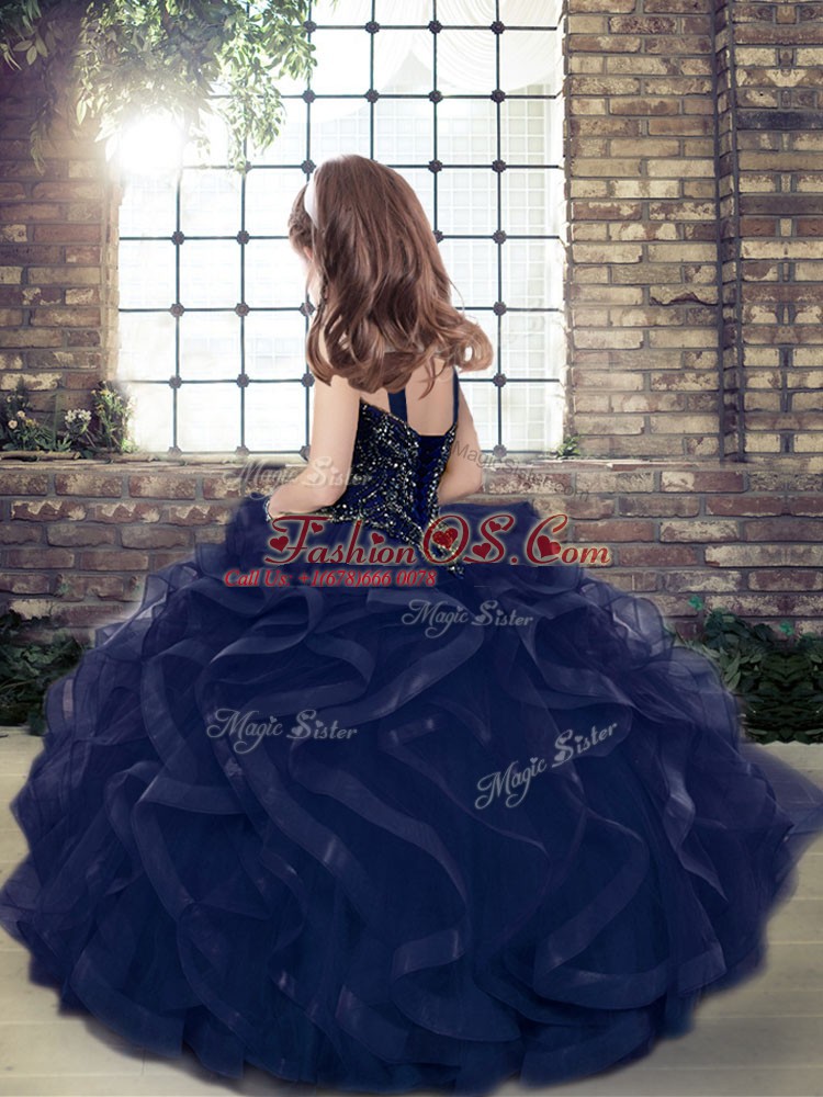 Burgundy Organza Lace Up Straps Sleeveless Floor Length Kids Pageant Dress Beading and Ruffles