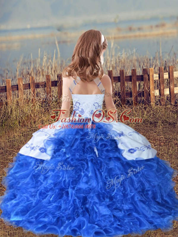 Popular Halter Top Sleeveless Little Girl Pageant Gowns Floor Length Beading and Embroidery and Ruffles Yellow Green Organza