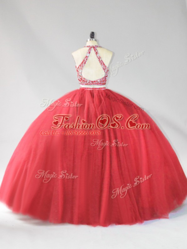 Red Halter Top Neckline Beading Quinceanera Gown Sleeveless Backless