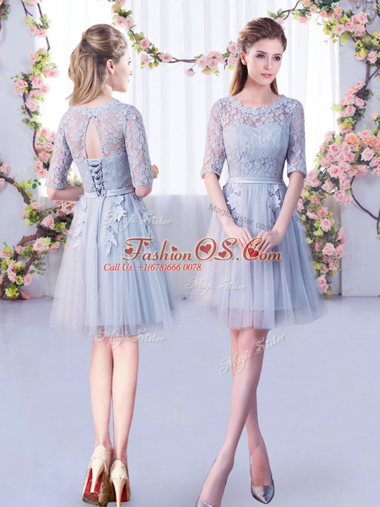 Scoop Half Sleeves Quinceanera Court of Honor Dress Mini Length Lace Grey Tulle
