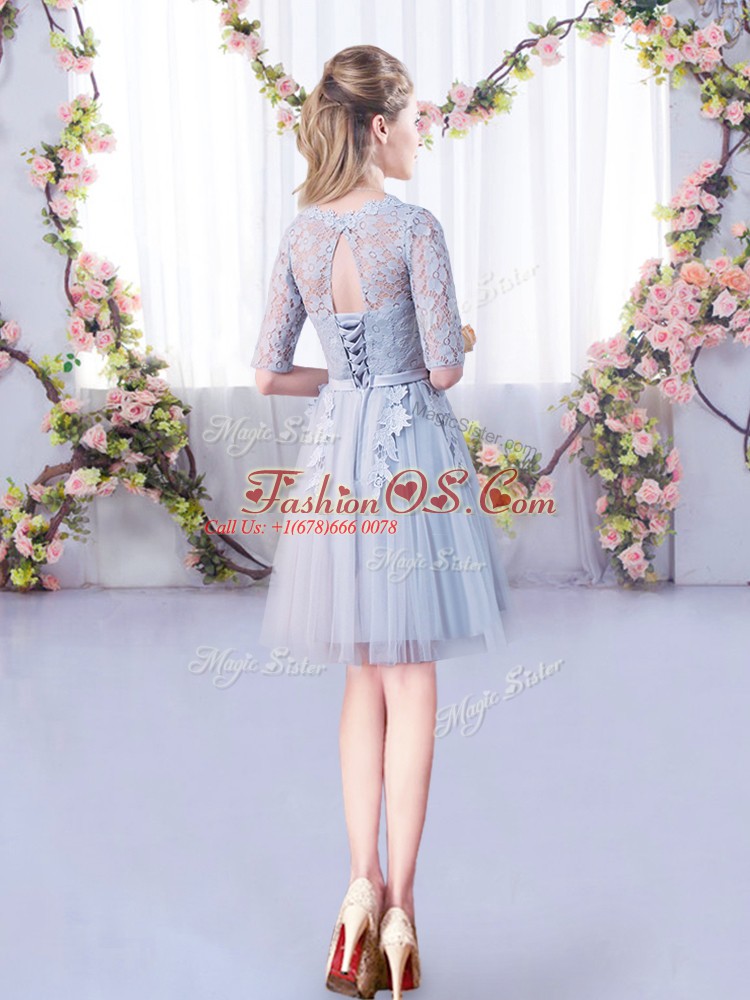 Scoop Half Sleeves Quinceanera Court of Honor Dress Mini Length Lace Grey Tulle