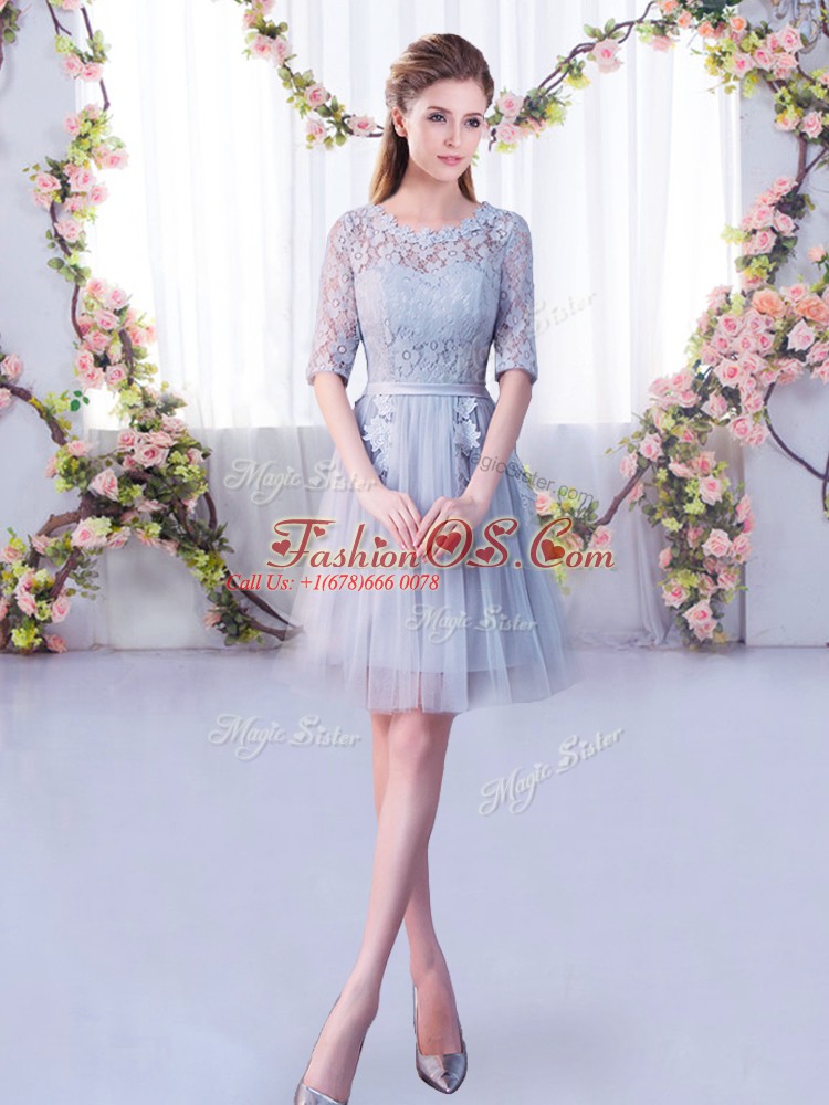 Scoop Half Sleeves Quinceanera Court of Honor Dress Mini Length Lace Grey Tulle