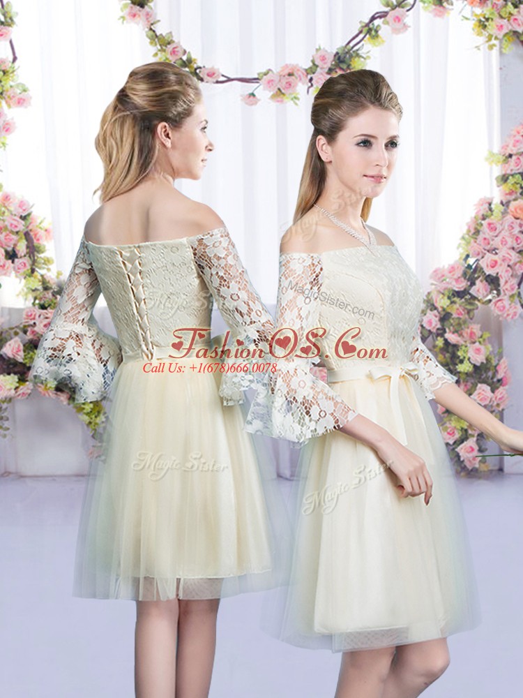 Champagne Tulle Lace Up Quinceanera Court Dresses 3 4 Length Sleeve Mini Length Lace and Bowknot