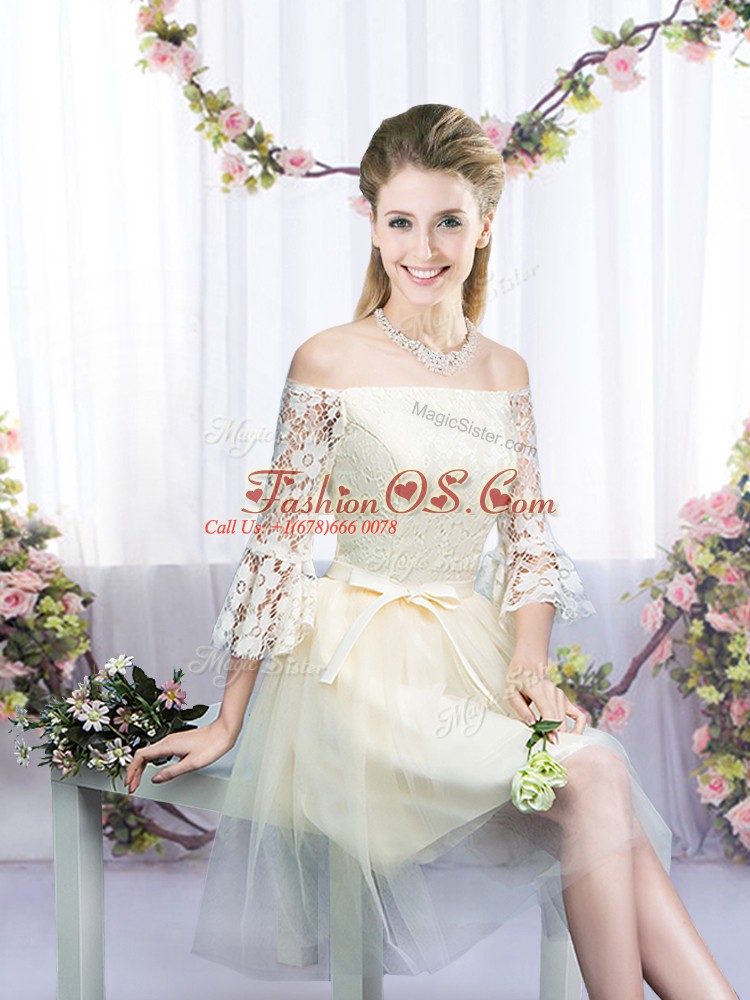 Champagne Tulle Lace Up Quinceanera Court Dresses 3 4 Length Sleeve Mini Length Lace and Bowknot
