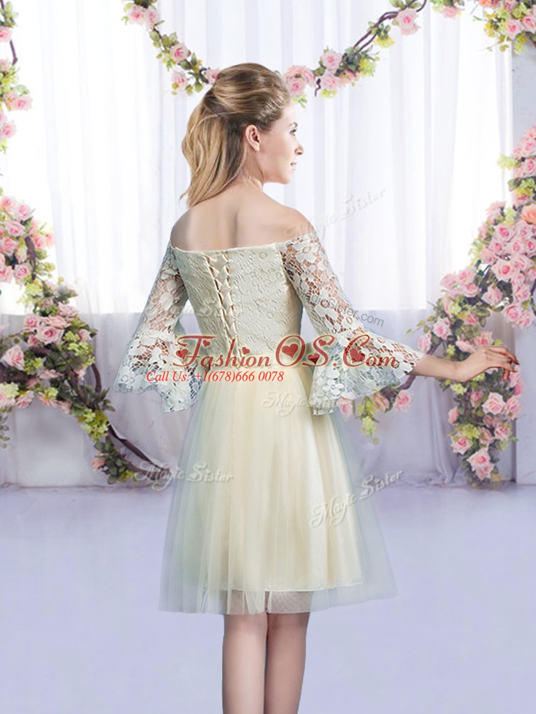 Champagne Tulle Lace Up Quinceanera Court Dresses 3 4 Length Sleeve Mini Length Lace and Bowknot