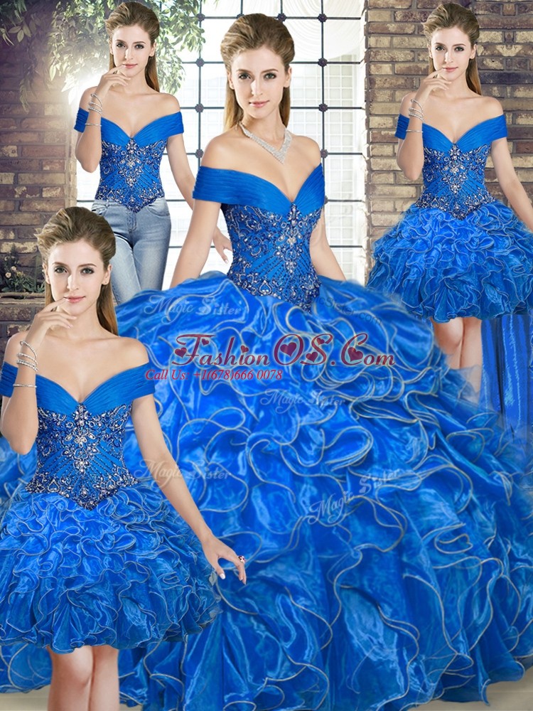Sumptuous Royal Blue Vestidos de Quinceanera Military Ball and Sweet 16 and Quinceanera with Beading and Ruffles Off The Shoulder Sleeveless Lace Up