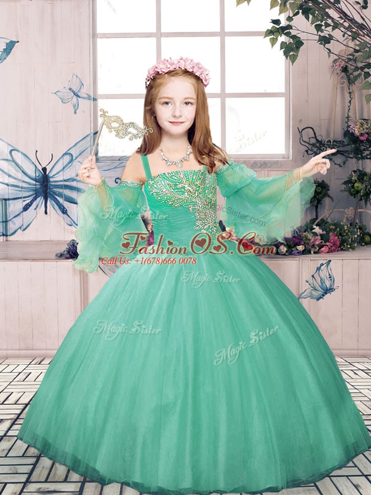 Modern Floor Length Turquoise Pageant Gowns For Girls Tulle Sleeveless Beading and Appliques