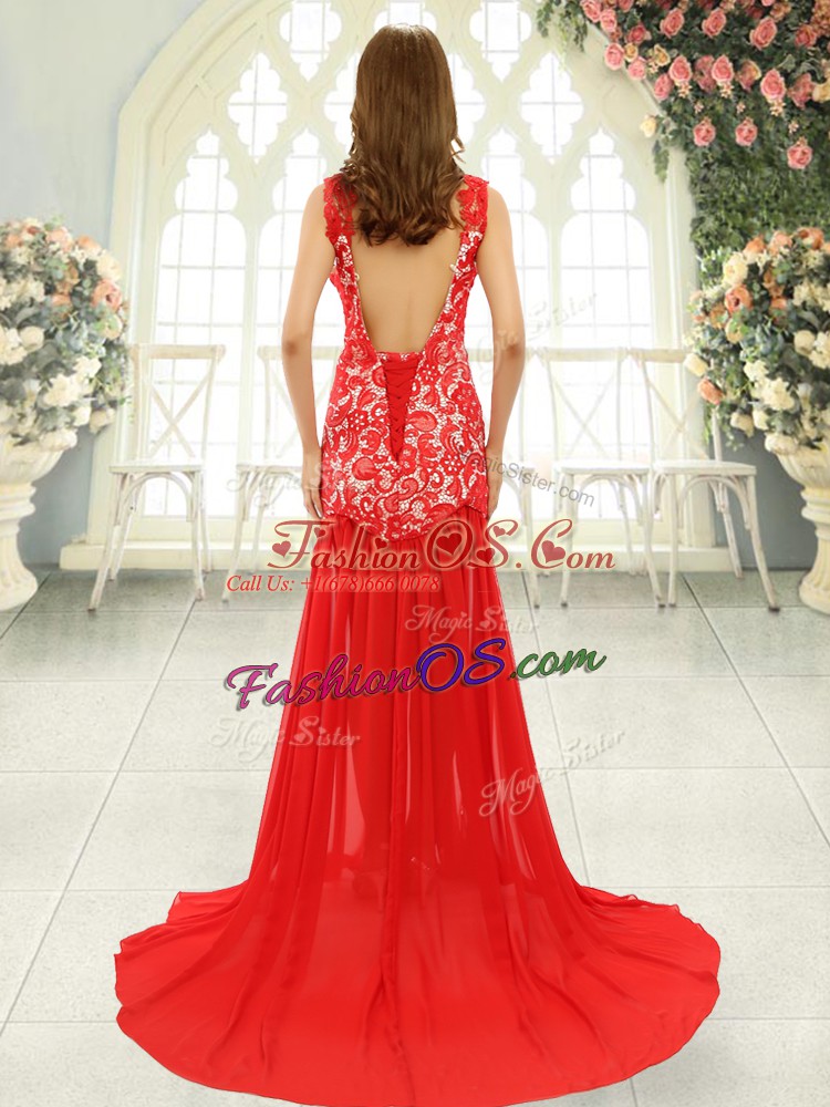 Dazzling Evening Dress Scoop Sleeveless Brush Train Backless