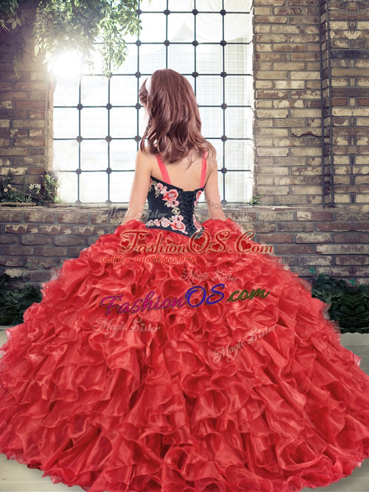 Fashionable Ball Gowns Embroidery and Ruffles Little Girls Pageant Gowns Lace Up Organza Sleeveless Floor Length