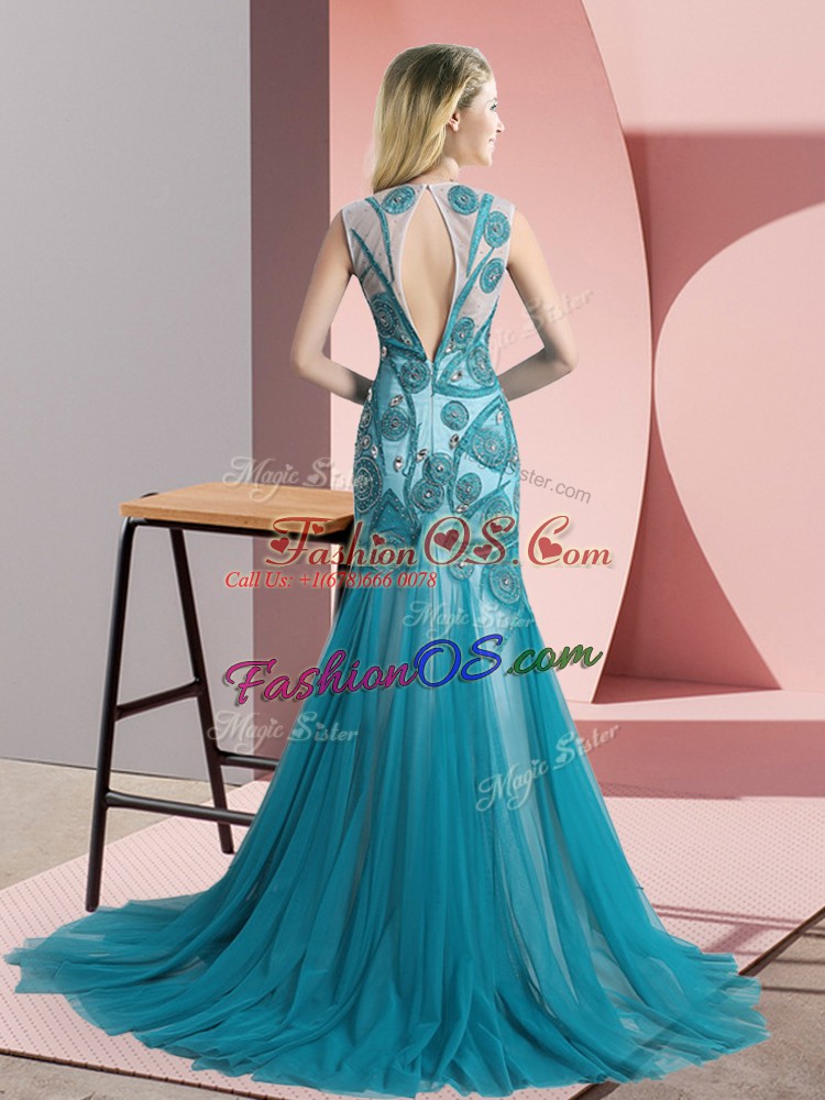 Blue Scoop Neckline Beading and Appliques Prom Dresses Sleeveless Backless