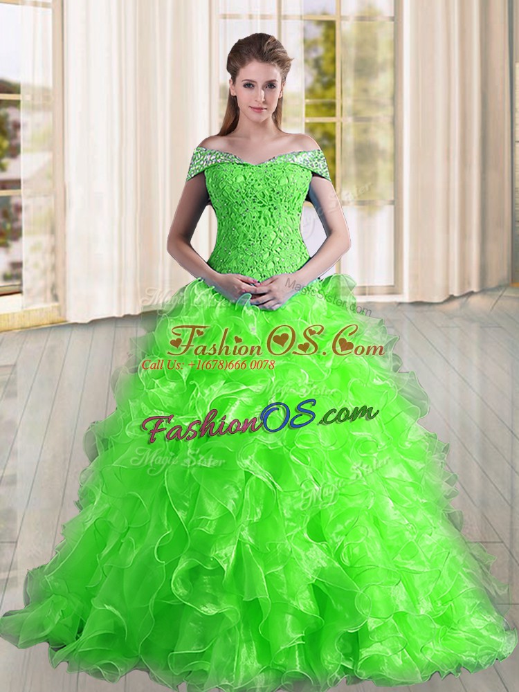 Dazzling Beading and Lace and Ruffles Quince Ball Gowns Lace Up Sleeveless Sweep Train