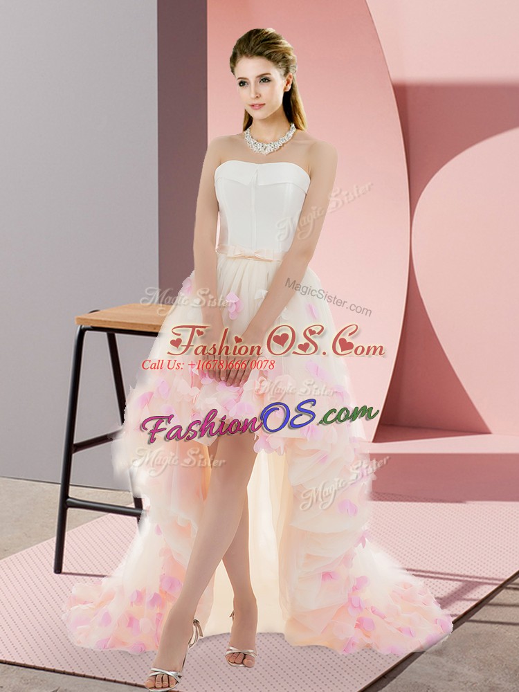 Gorgeous Strapless Sleeveless Prom Party Dress High Low Appliques Champagne Tulle
