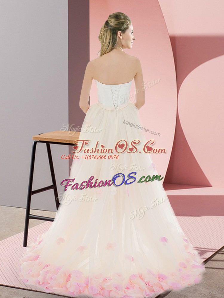 Gorgeous Strapless Sleeveless Prom Party Dress High Low Appliques Champagne Tulle