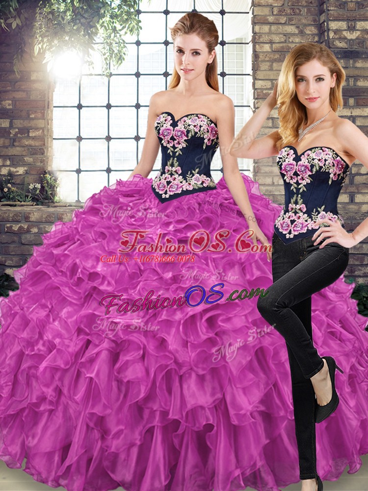 Fine Fuchsia Lace Up Sweetheart Embroidery and Ruffles Ball Gown Prom Dress Organza Sleeveless Sweep Train