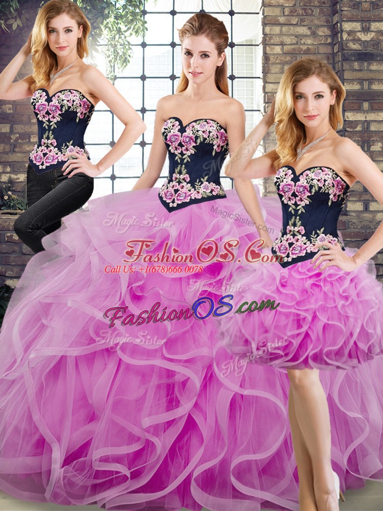 Noble Lace Up 15 Quinceanera Dress Lilac for Military Ball and Sweet 16 and Quinceanera with Beading and Embroidery and Ruffles Sweep Train